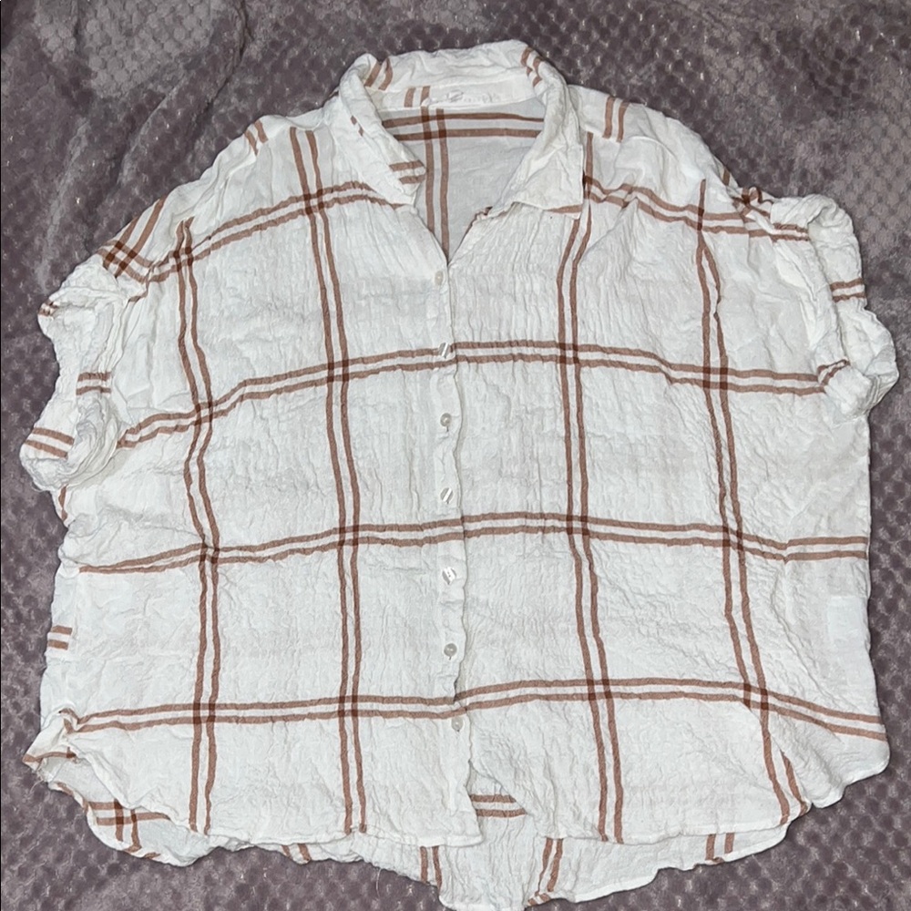 Jane and Delancey Cream and Tan Plaid Shirt